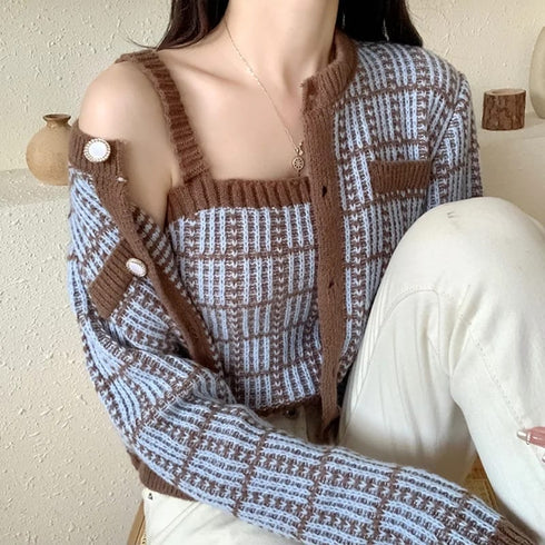 Check Knitted Cardigan With Crop Tang Top